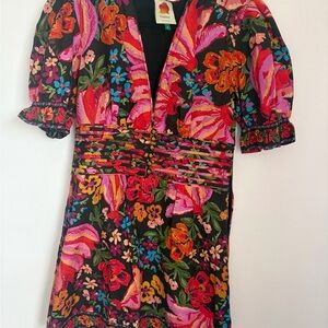 Farm Rio Black Floral V-Neck Puff Sleeve Dress size S